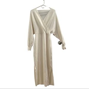 White bodycon v neck long sleeve sweater dress with tie